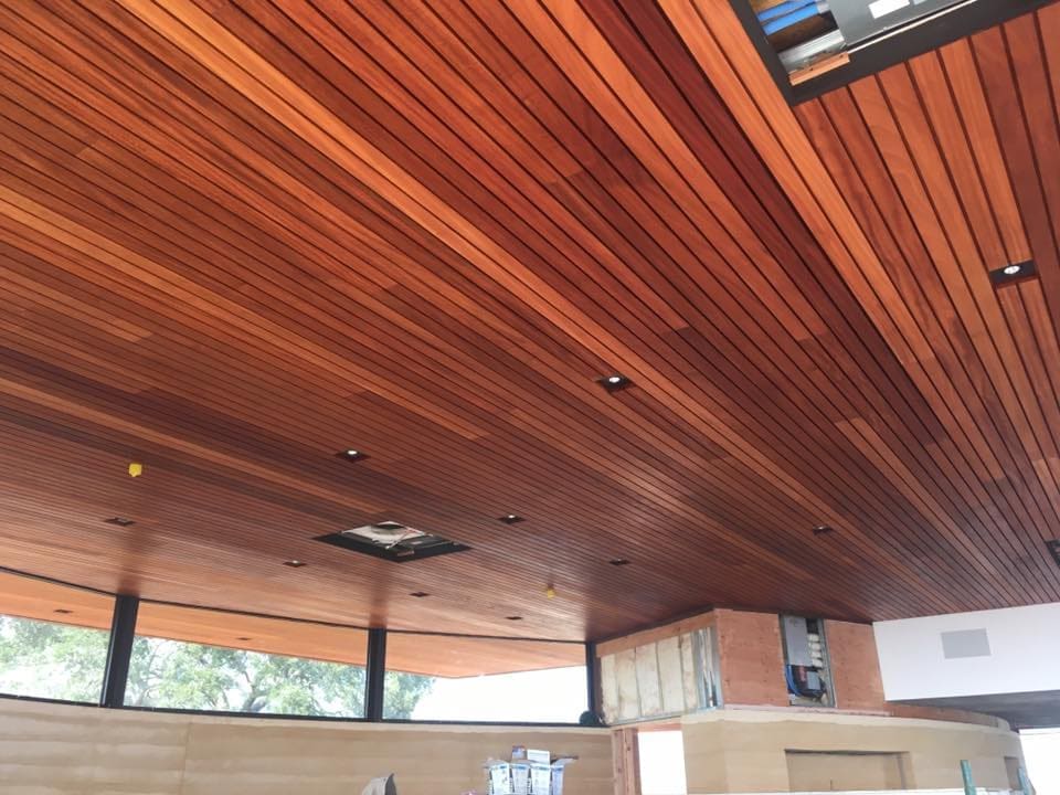 Residential Lighting LED aim-able gimbal lighting on mahogany ceiling with Lutron Radio ra2 lighting controls